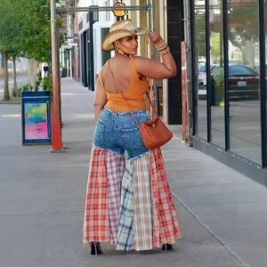 Women Colorful Plaid Patchwork Zipper Fly Long Jeans 2024 Vintage Casual Streetwear Wide Leg Denim Trousers Pants