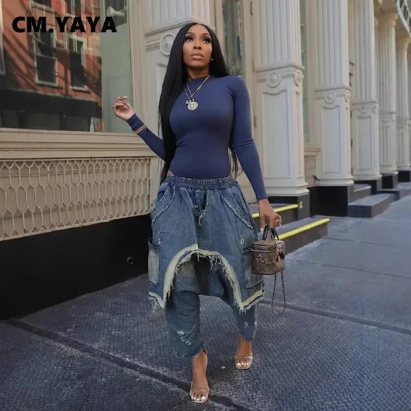 Women Streetwear Ripped Out Hole Denim Pants 2025 Fall Autumn Loose Safari Style Cargo Harem Hip Hop Jeans - Image 4