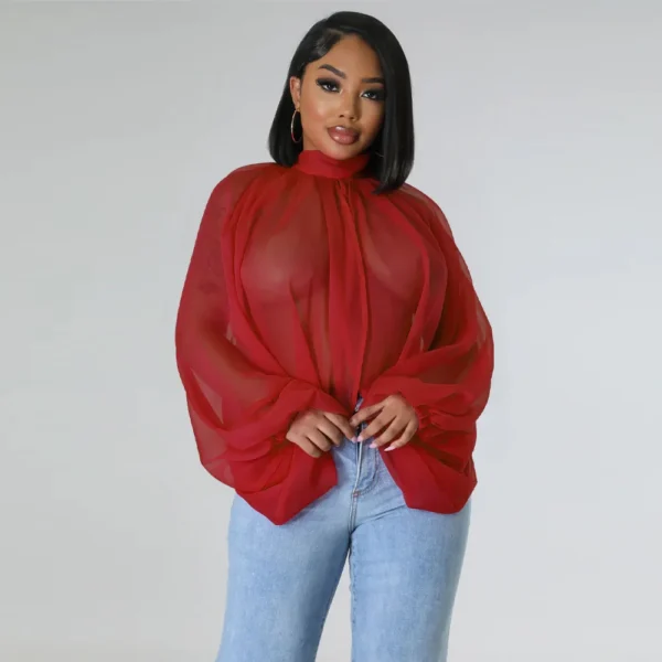 Women Fashion Gradient Printed Batwing Long Sleeve Front Split See Though Loose Sexy Party Club Blouse and Shirt Tops - Image 9
