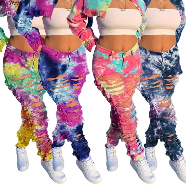 Women Tie Dye Print Hole Pencil Ripped Jeans Streetwear Hollow Out Denim Pants (Only Pants) - Image 5