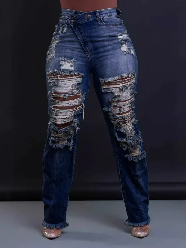 Denim Pants Women Retro Sexy Hole Hollow Out Jeans Ripped out Pencil Trousers 2024 Street Skinny High Waist Lady Pant - Image 2