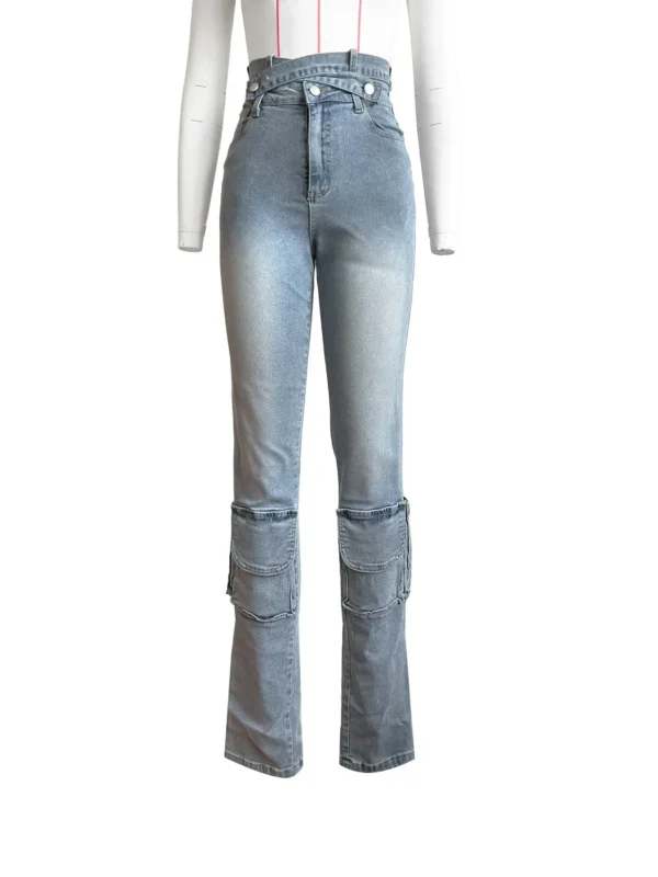 Women Streetwear Fashion Pocket Zipper Fly Denim Pants 2024 Washed Pencil Cross Waist Safari Style Cargo Wide Leg Jeans - Image 2