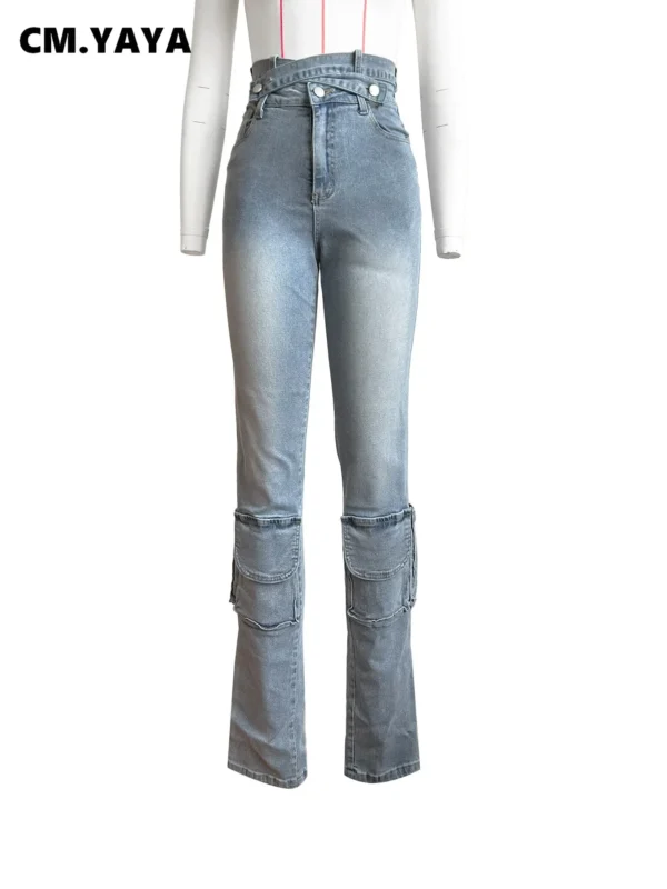 Women Streetwear Fashion Pocket Zipper Fly Denim Pants 2024 Washed Pencil Cross Waist Safari Style Cargo Wide Leg Jeans - Image 7