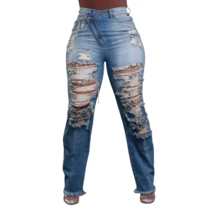 Denim Pants Women Retro Sexy Hole Hollow Out Jeans Ripped out Pencil Trousers 2024 Street Skinny High Waist Lady Pant