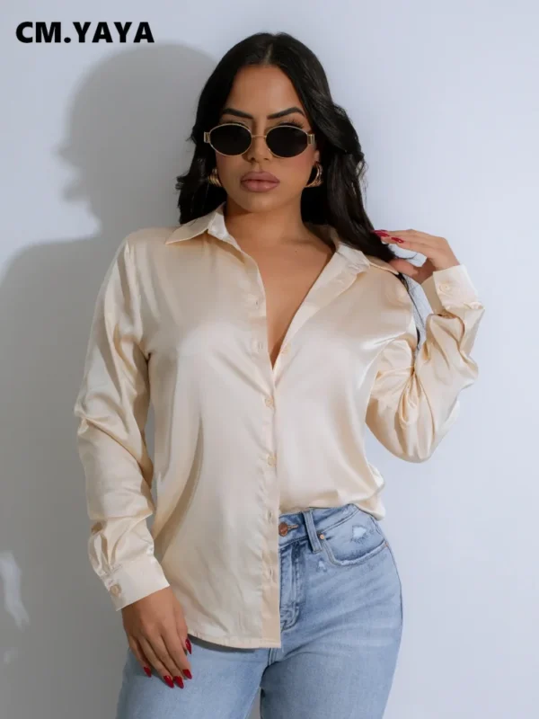 Women Long Sleeve Satin Button Down Top Single Breasted Shirts Autumn OL Work Fashion Turn-down Collar Slim Blouses - Image 4