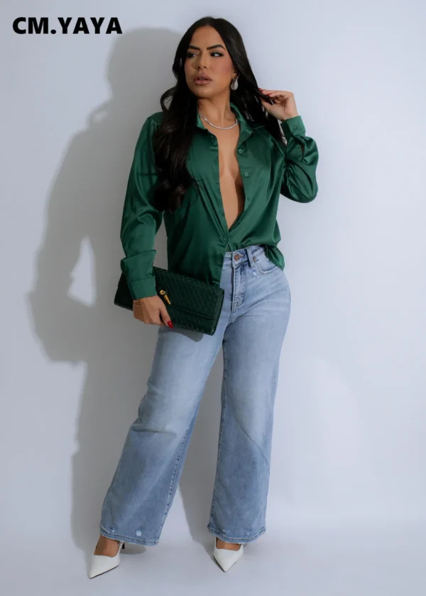 Women Long Sleeve Satin Button Down Top Single Breasted Shirts Autumn OL Work Fashion Turn-down Collar Slim Blouses - Image 11