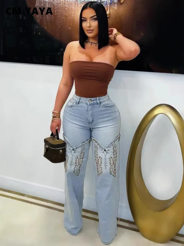 Women Denim Pants Retro Wide Leg Embroidery Jeans Straight Trousers 2025 Fashion Summer Street Lady Pants Trousers - Image 2