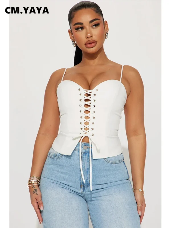 Women Lace Up Hollow Out Sleeveless Camis Tops Strapless 2024 Summer INS White Beach Holiday Streetwear Tee Top - Image 3