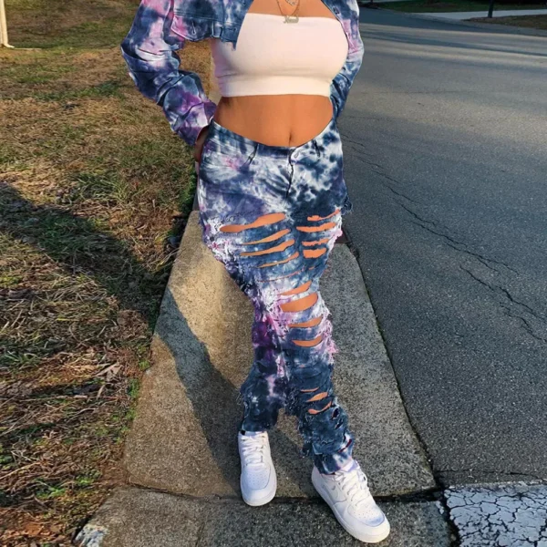 Women Tie Dye Print Hole Pencil Ripped Jeans Streetwear Hollow Out Denim Pants (Only Pants) - Image 4