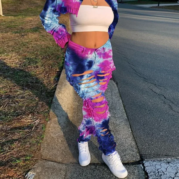 Women Tie Dye Print Hole Pencil Ripped Jeans Streetwear Hollow Out Denim Pants (Only Pants) - Image 2