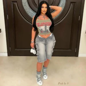 Women Straight Washed Denim Knee Length Cargo Pants 2025 Summer Multi Pocket Street Casual Wide Leg Jeans Trousers