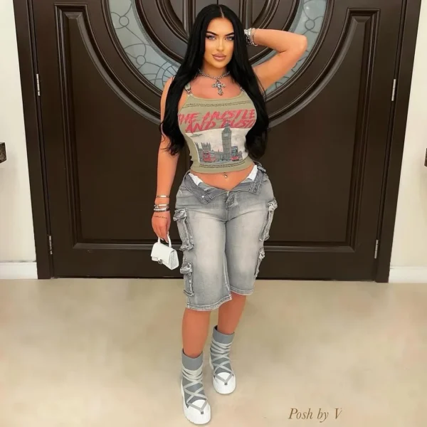 Women Straight Washed Denim Knee Length Cargo Pants 2025 Summer Multi Pocket Street Casual Wide Leg Jeans Trousers