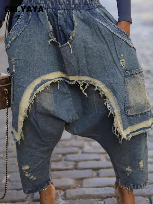 Women Streetwear Ripped Out Hole Denim Pants 2025 Fall Autumn Loose Safari Style Cargo Harem Hip Hop Jeans - Image 3