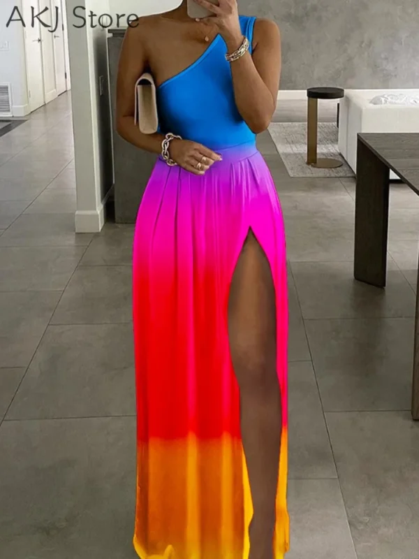 Women High Slit One Shoulder Maxi Dress Elegant Summer Party Dress - Image 6