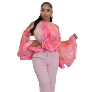 Women Fashion Gradient Printed Flare Ruffles Long Sleeve shouler Split See Though Sexy Party Club Blouse and Shirt Tops