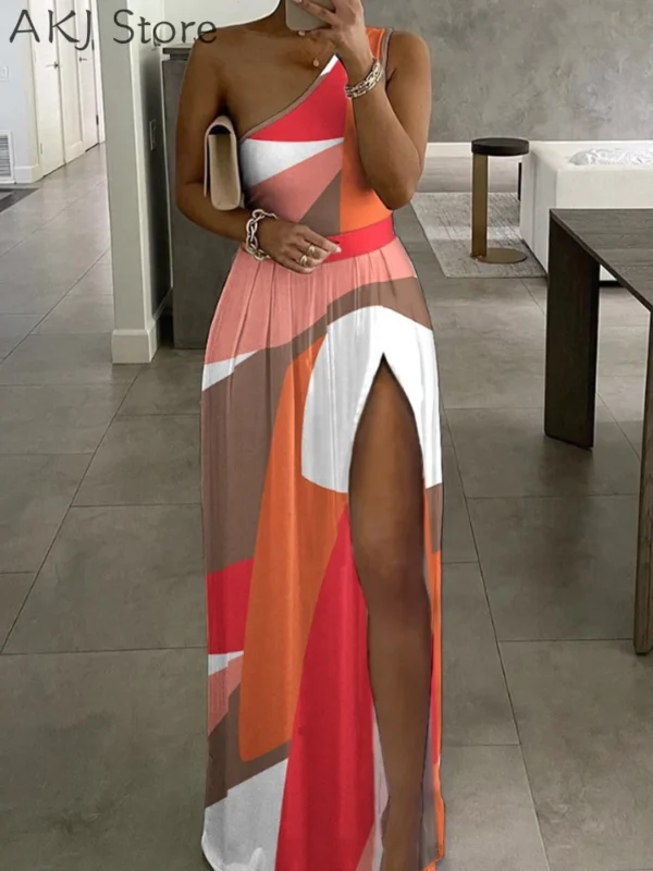 Women High Slit One Shoulder Maxi Dress Elegant Summer Party Dress - Image 3