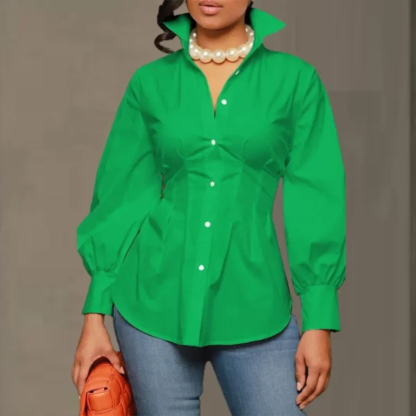 Vintage Women Green White Lon Gsleeve Single Breasted High Waist Corset Tunic Blouse and Shirt Tops - Image 2