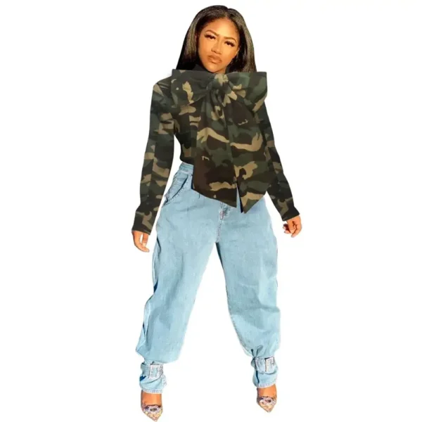 Women Autumn Winter Blouses Shirts Bow Neck Full Sleeve Sexy Denim Night Club Vintage Blouses Shirts Top Streetwear GLHG5295