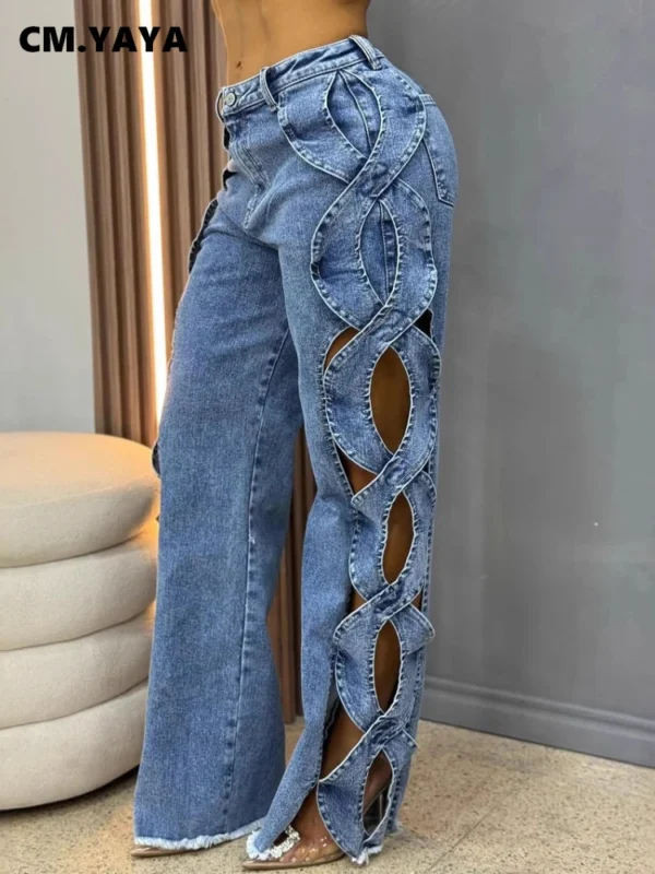 Women Streetwear Cutout Hollow Out Criss Cross Side Wide Leg  Blue Denim Pants 2025 Fashion Sexy Party Jeans Trousers - Image 3