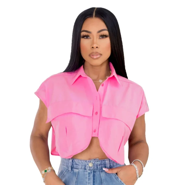 Women Fashion Single Breasted Pocket Front Irregular Short Sleeve Mini Blouse and Shirt Top 2023 Summer - Image 8