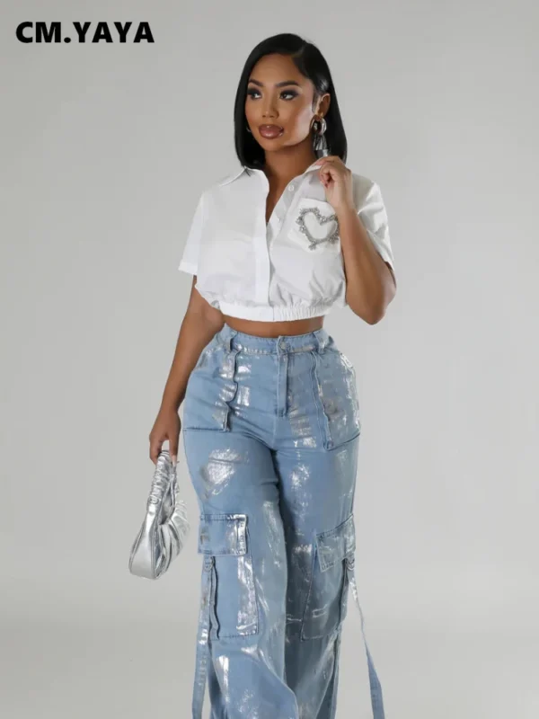 Women Sweetheart Diamonds Short Sleeve V-neck Blouse and Shirt Street Basic Crop Tops  2024 Fashion Casual Summer - Image 4