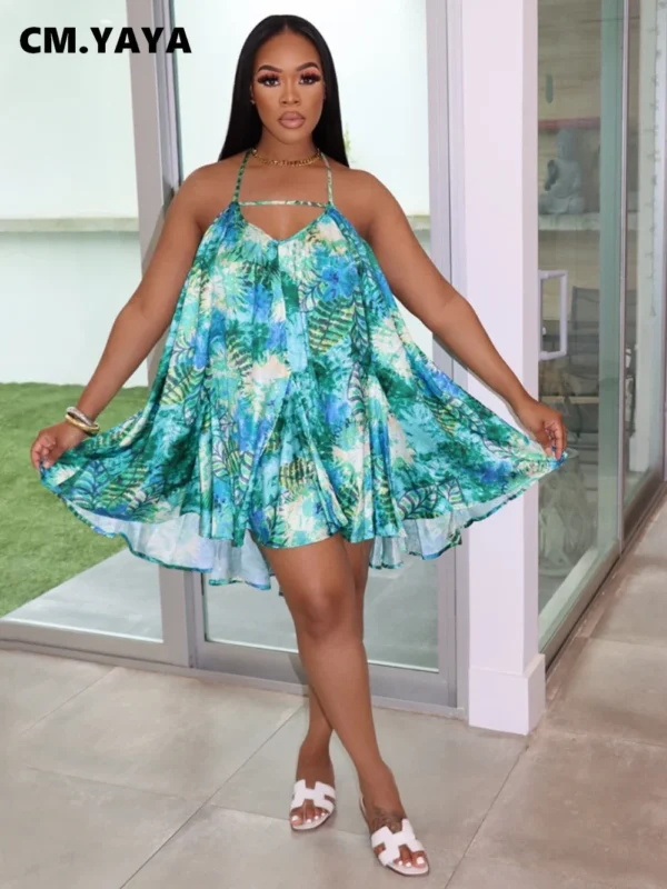Women Leaf Halter Neck Backless Loose A-line Dress  Women 2022 Sexy Beach Street Boho Big Swing Sleeveless Dresses - Image 2
