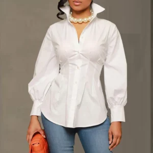 Vintage Women Green White Lon Gsleeve Single Breasted High Waist Corset Tunic Blouse and Shirt Tops