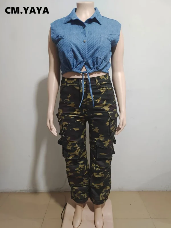 Women Fashion Denim Short Sleeve Shirts 2024 Summer Single Breasted Turn-down Collar Drawstring Shirt Blouse Tops - Image 3
