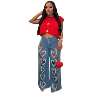 Women Vintage Cutout Love Hollow Out Cross Straight Denim Pants 2025 Fall Fashion INS High Waist Wide Leg Jeans Trousers