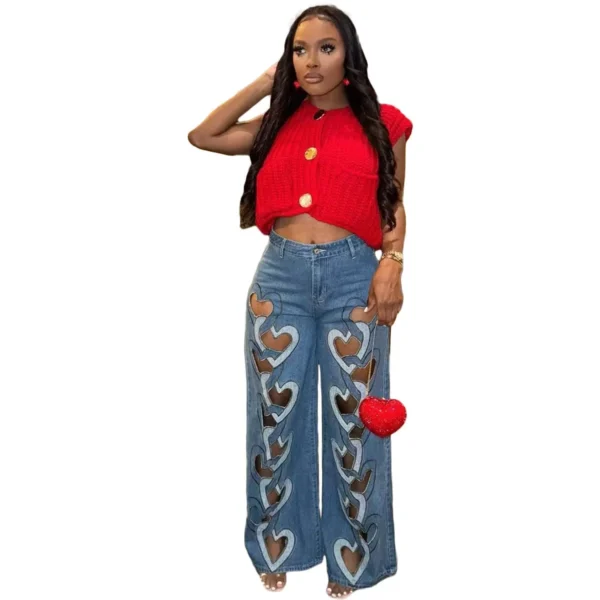Women Vintage Cutout Love Hollow Out Cross Straight Denim Pants 2025 Fall Fashion INS High Waist Wide Leg Jeans Trousers