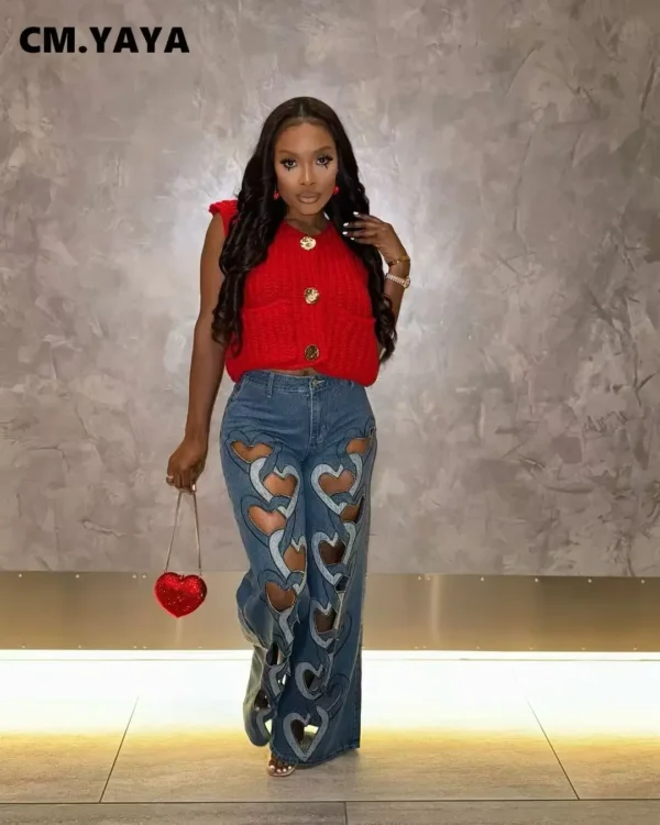 Women Vintage Cutout Love Hollow Out Cross Straight Denim Pants 2025 Fall Fashion INS High Waist Wide Leg Jeans Trousers - Image 4