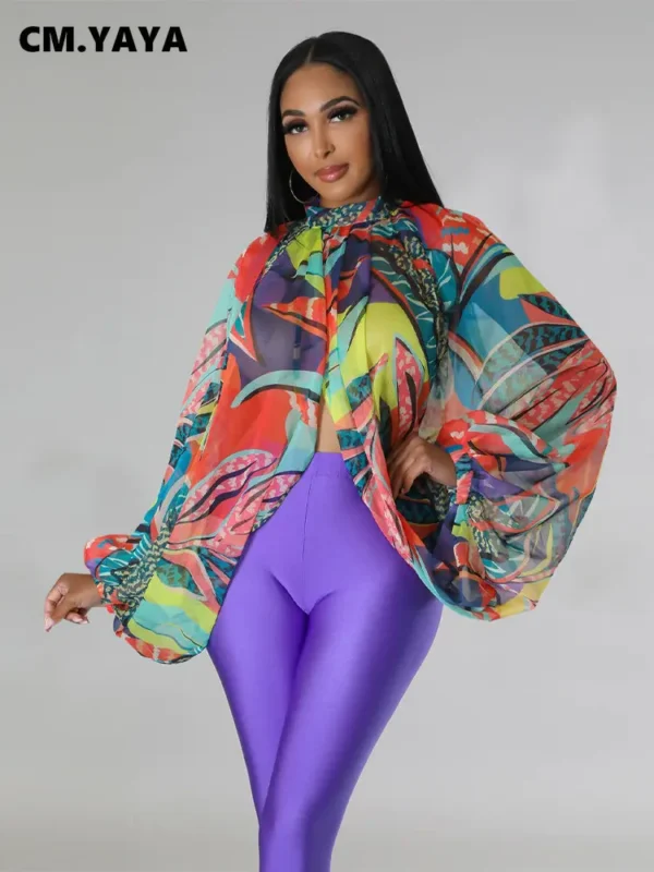 Women Fashion Gradient Printed Batwing Long Sleeve Front Split See Though Loose Sexy Party Club Blouse and Shirt Tops - Image 16