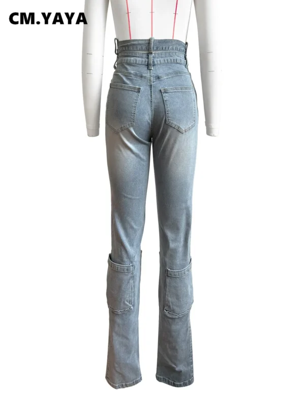 Women Streetwear Fashion Pocket Zipper Fly Denim Pants 2024 Washed Pencil Cross Waist Safari Style Cargo Wide Leg Jeans - Image 8