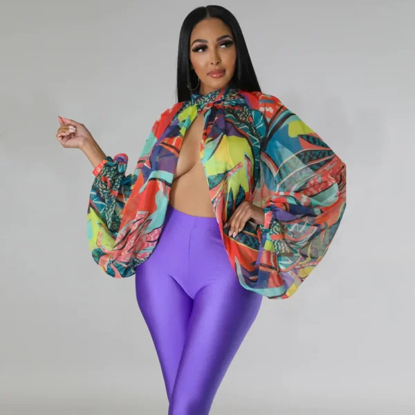 Women Fashion Gradient Printed Batwing Long Sleeve Front Split See Though Loose Sexy Party Club Blouse and Shirt Tops - Image 3