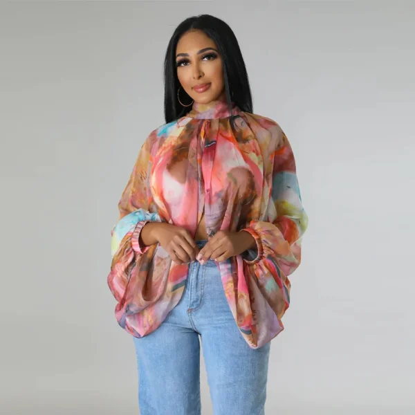 Women Fashion Gradient Printed Batwing Long Sleeve Front Split See Though Loose Sexy Party Club Blouse and Shirt Tops - Image 8