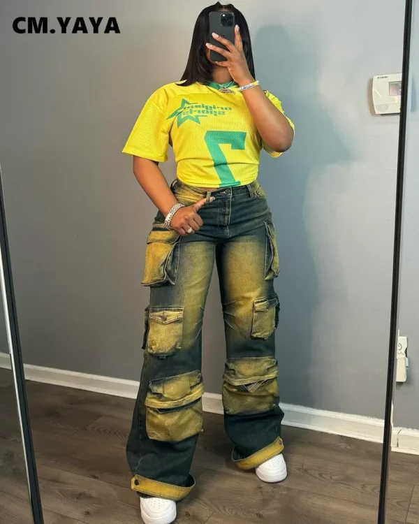 2024 Women Fashion Multi Pocket Straight washed Denim Pants Female Streetwear Safari Style Cargo Wide Leg Jeans - Image 3