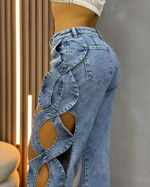 Women Streetwear Cutout Hollow Out Criss Cross Side Wide Leg  Blue Denim Pants 2025 Fashion Sexy Party Jeans Trousers - Image 4