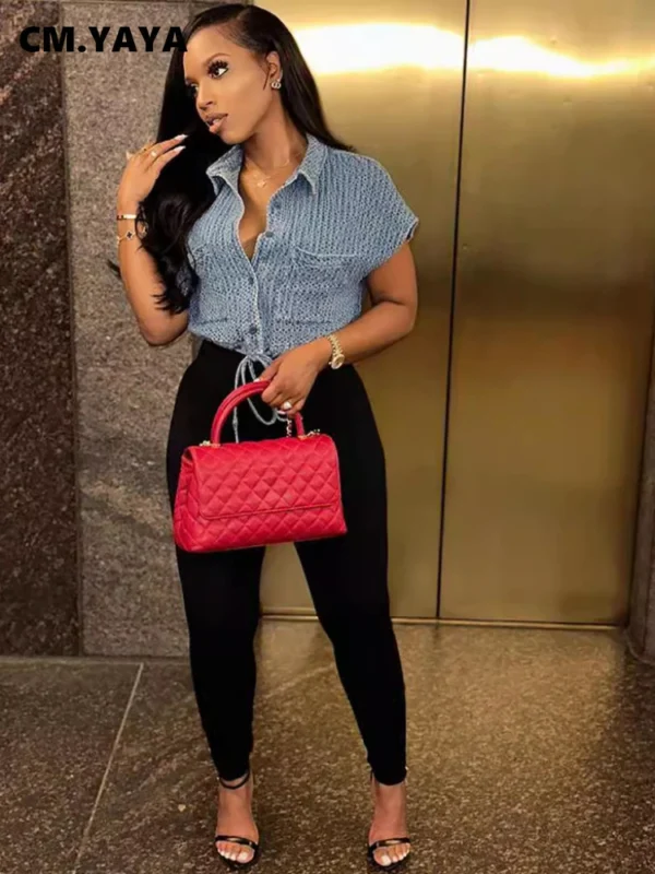 Women Fashion Denim Short Sleeve Shirts 2024 Summer Single Breasted Turn-down Collar Drawstring Shirt Blouse Tops - Image 2