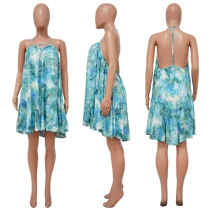 Women Leaf Halter Neck Backless Loose A-line Dress  Women 2022 Sexy Beach Street Boho Big Swing Sleeveless Dresses