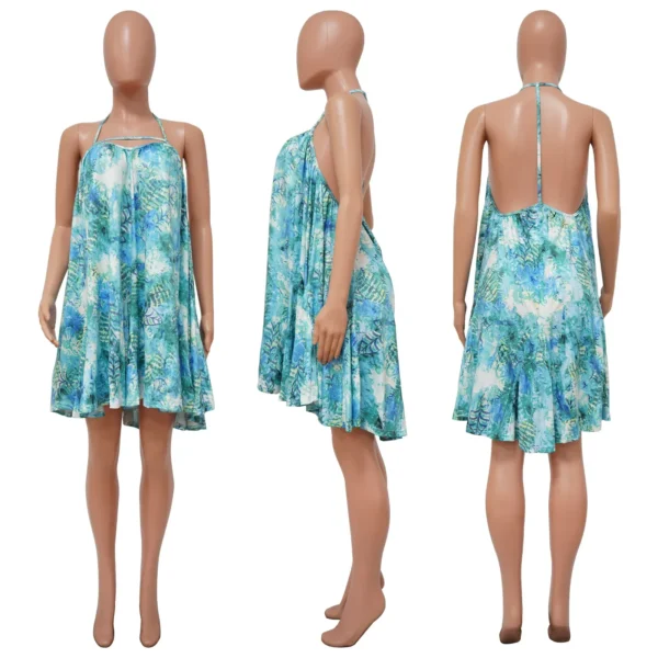 Women Leaf Halter Neck Backless Loose A-line Dress  Women 2022 Sexy Beach Street Boho Big Swing Sleeveless Dresses