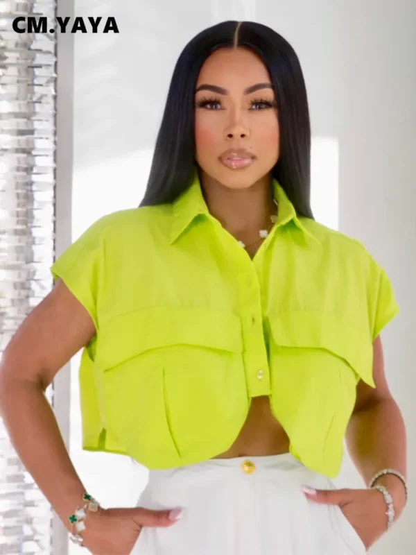Women Fashion Single Breasted Pocket Front Irregular Short Sleeve Mini Blouse and Shirt Top 2023 Summer - Image 7