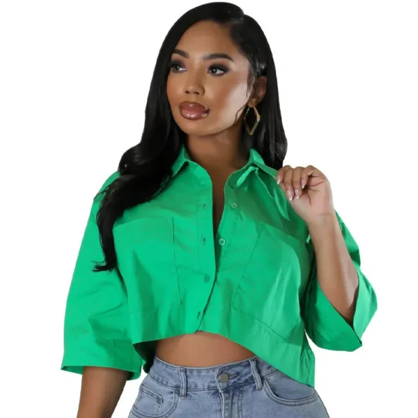 Women Half Sleeve V-neck Blouse and Shirt Street Basic Crop Tops  2024 Fashion Casual Summer Leisure Loose Outwear - Image 2