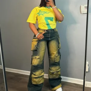 2024 Women Fashion Multi Pocket Straight washed Denim Pants Female Streetwear Safari Style Cargo Wide Leg Jeans