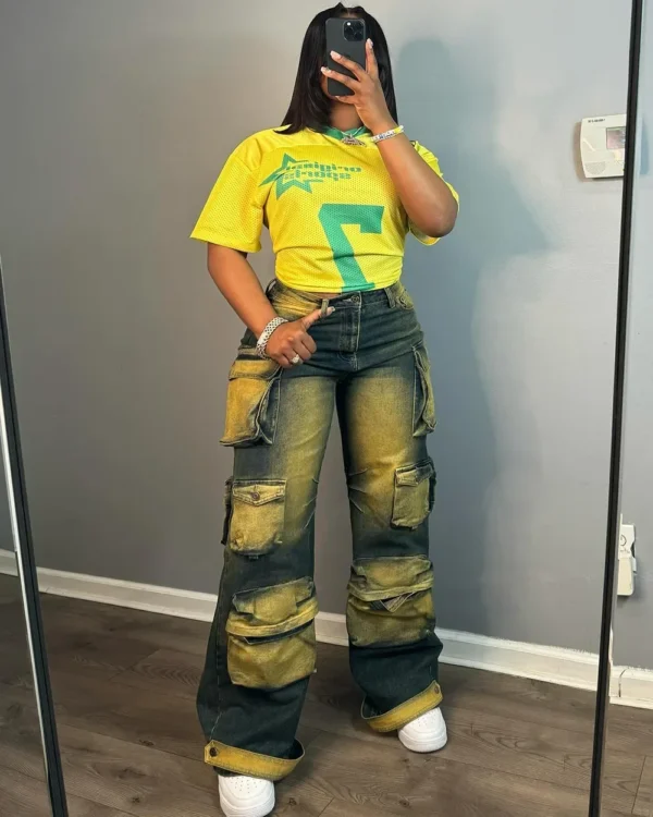 2024 Women Fashion Multi Pocket Straight washed Denim Pants Female Streetwear Safari Style Cargo Wide Leg Jeans