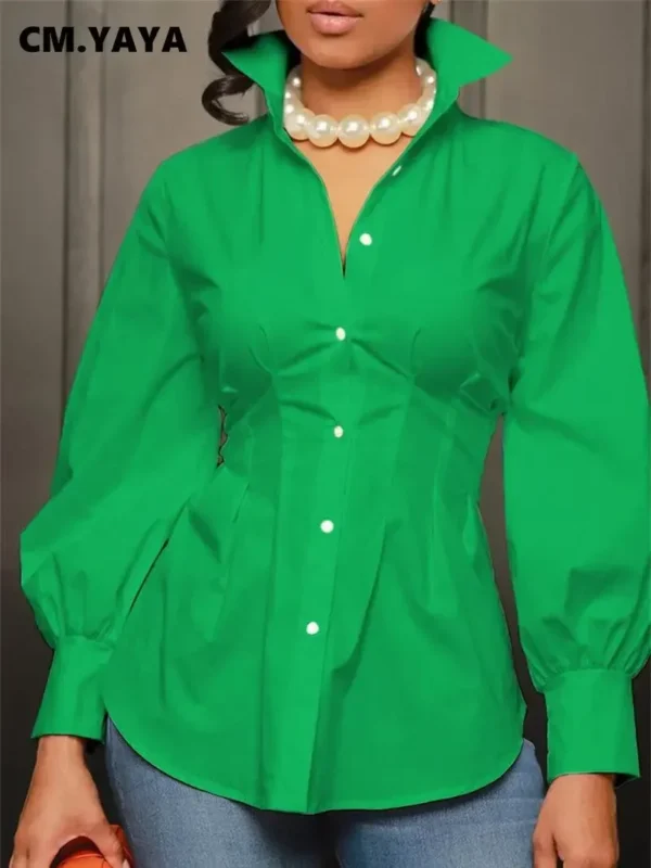 Vintage Women Green White Lon Gsleeve Single Breasted High Waist Corset Tunic Blouse and Shirt Tops - Image 4