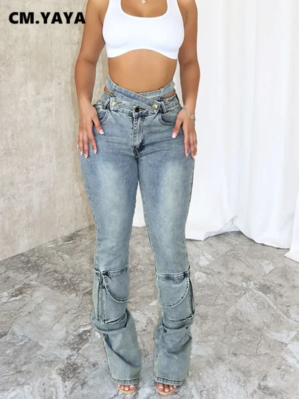 Women Streetwear Fashion Pocket Zipper Fly Denim Pants 2024 Washed Pencil Cross Waist Safari Style Cargo Wide Leg Jeans - Image 3