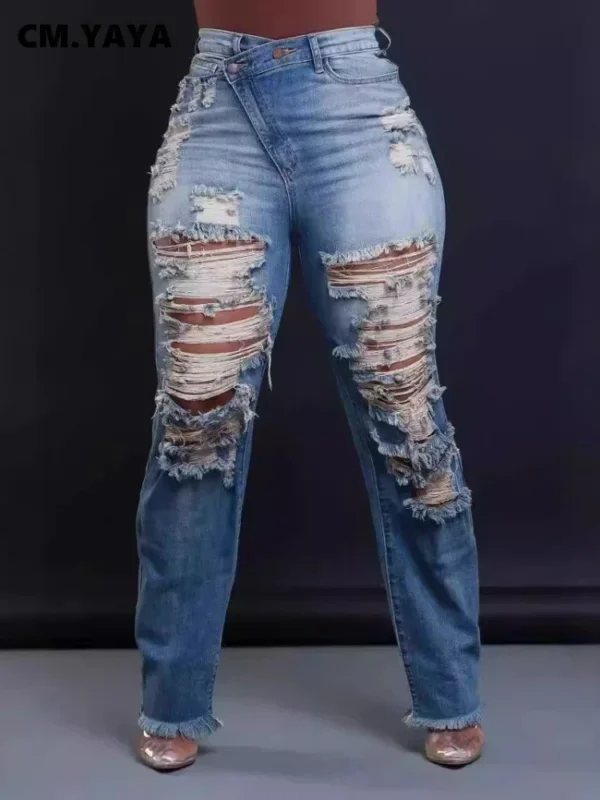 Denim Pants Women Retro Sexy Hole Hollow Out Jeans Ripped out Pencil Trousers 2024 Street Skinny High Waist Lady Pant - Image 3