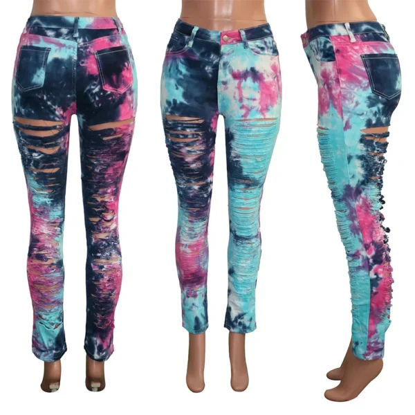 Women Tie Dye Print Hole Pencil Ripped Jeans Streetwear Hollow Out Denim Pants (Only Pants) - Image 6