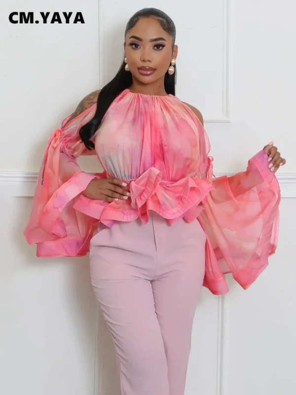 Women Fashion Gradient Printed Flare Ruffles Long Sleeve shouler Split See Though Sexy Party Club Blouse and Shirt Tops - Image 2