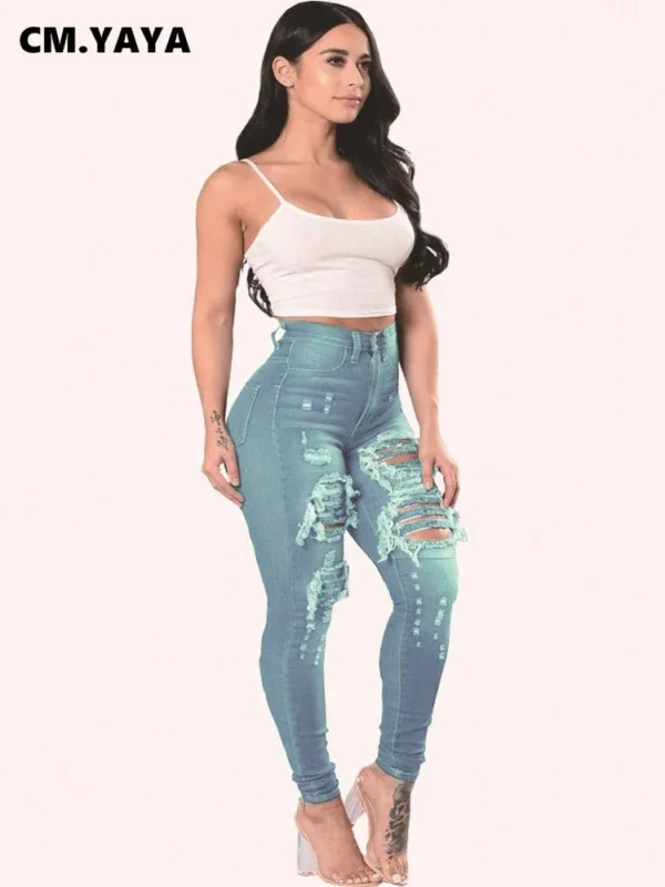 Denim Pants Women Retro Solid Sexy Hole Hollow Out Jeans Ripped Pencil Trousers Street Skinny High Waist Lady Pant - Image 7